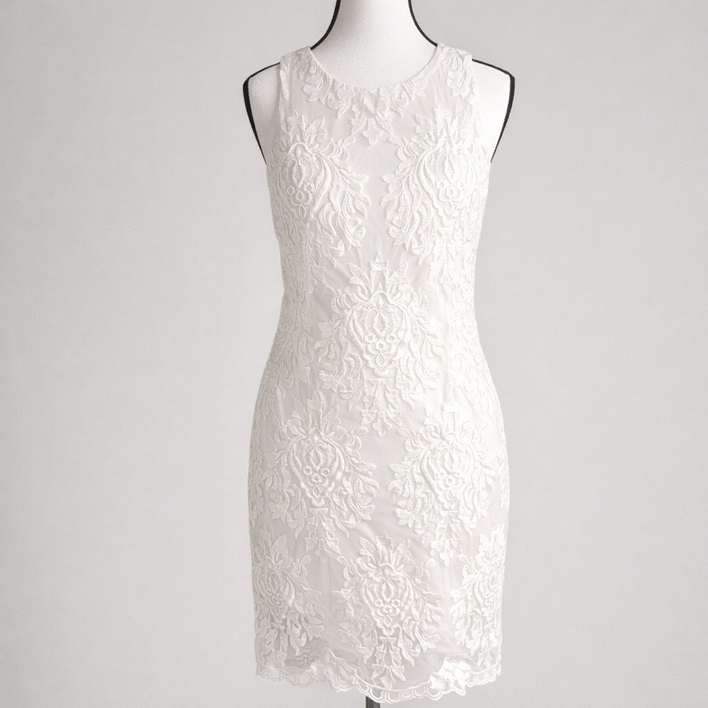 Striyah Ivory Lace Sheath Dress M Bridal Shower 3D Floral Scalloped Hem 36"